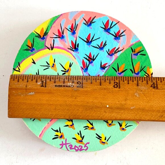 Colorful Cactus Original Watercolor Painting on Wood Round 4in Desk or Wall Art - Picture 5 of 6